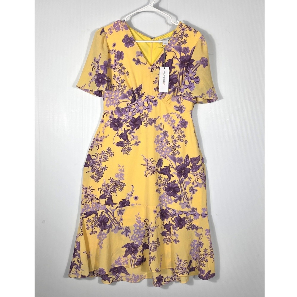 Liz Claiborne Petite Yellow Purple Floral V-Neck Flutter Sleeve Midi Dress 6P